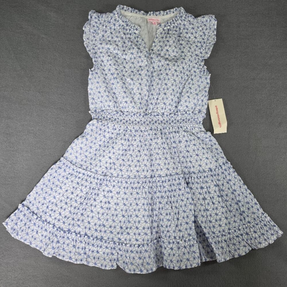 Design History Girls XL 14 Blue White Floral Smocked Tiered Mini Dress NWT